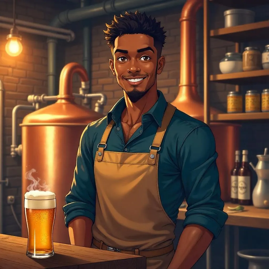 Handsome Black Man in Anime Style at a Brewery