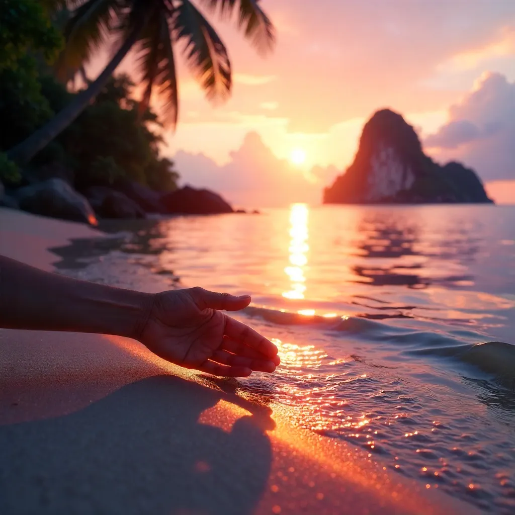 Sunlit Silhouette: Hand Touching Satun Waters