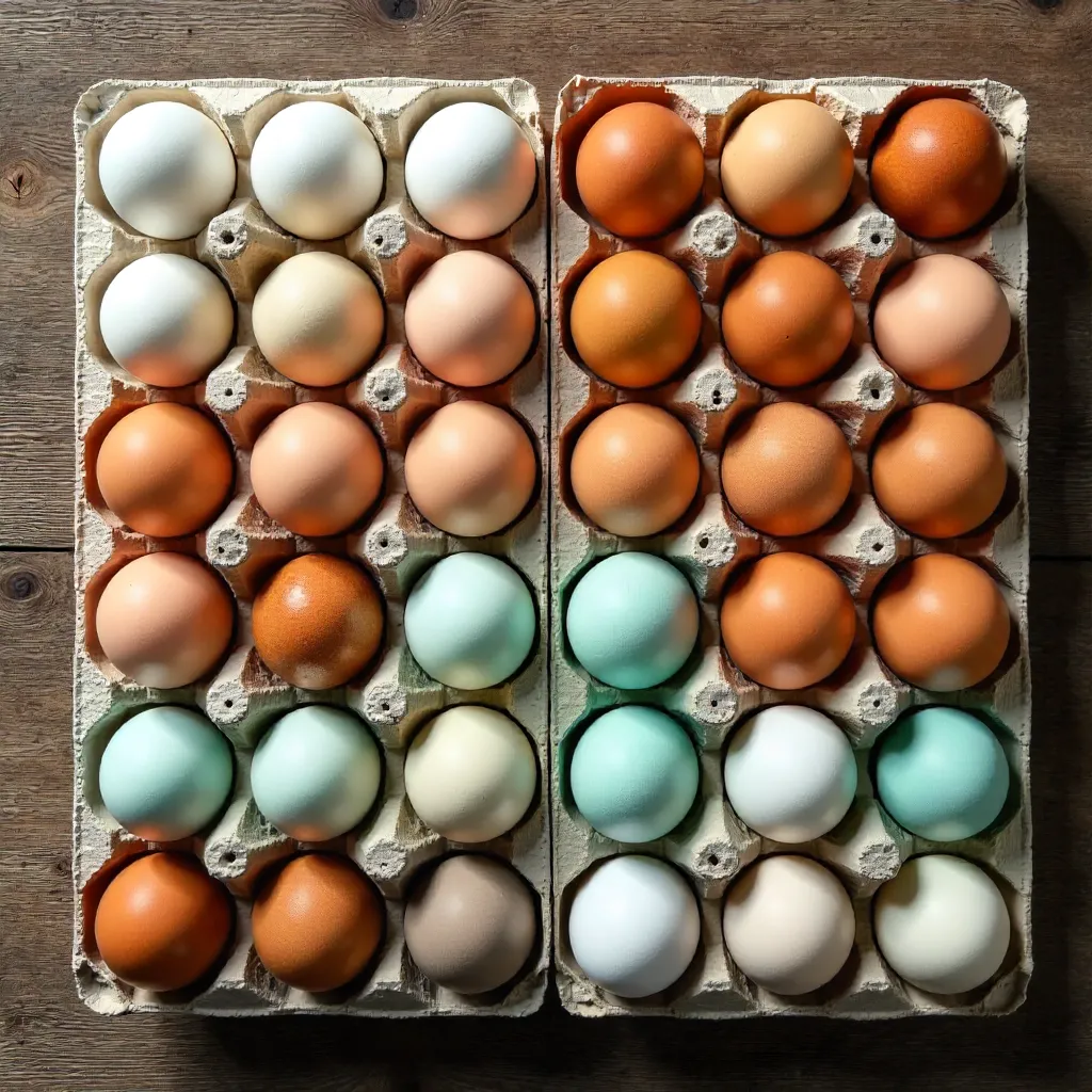 Aerial Array of Diverse Colored Farm Eggs in Cartons