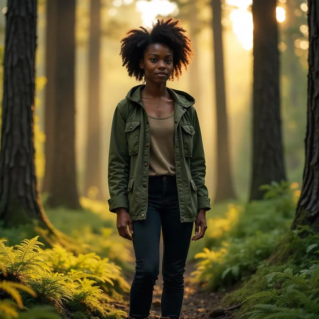 Confident Black Woman in a Sunlit Forest