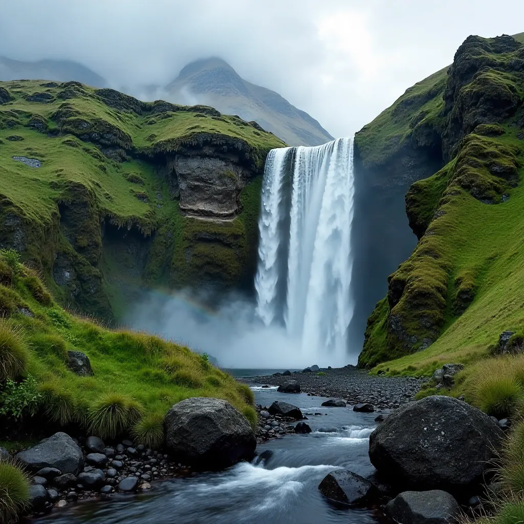 Waterfall in Rugged Gwynedd Mountains under Cloudy Sky