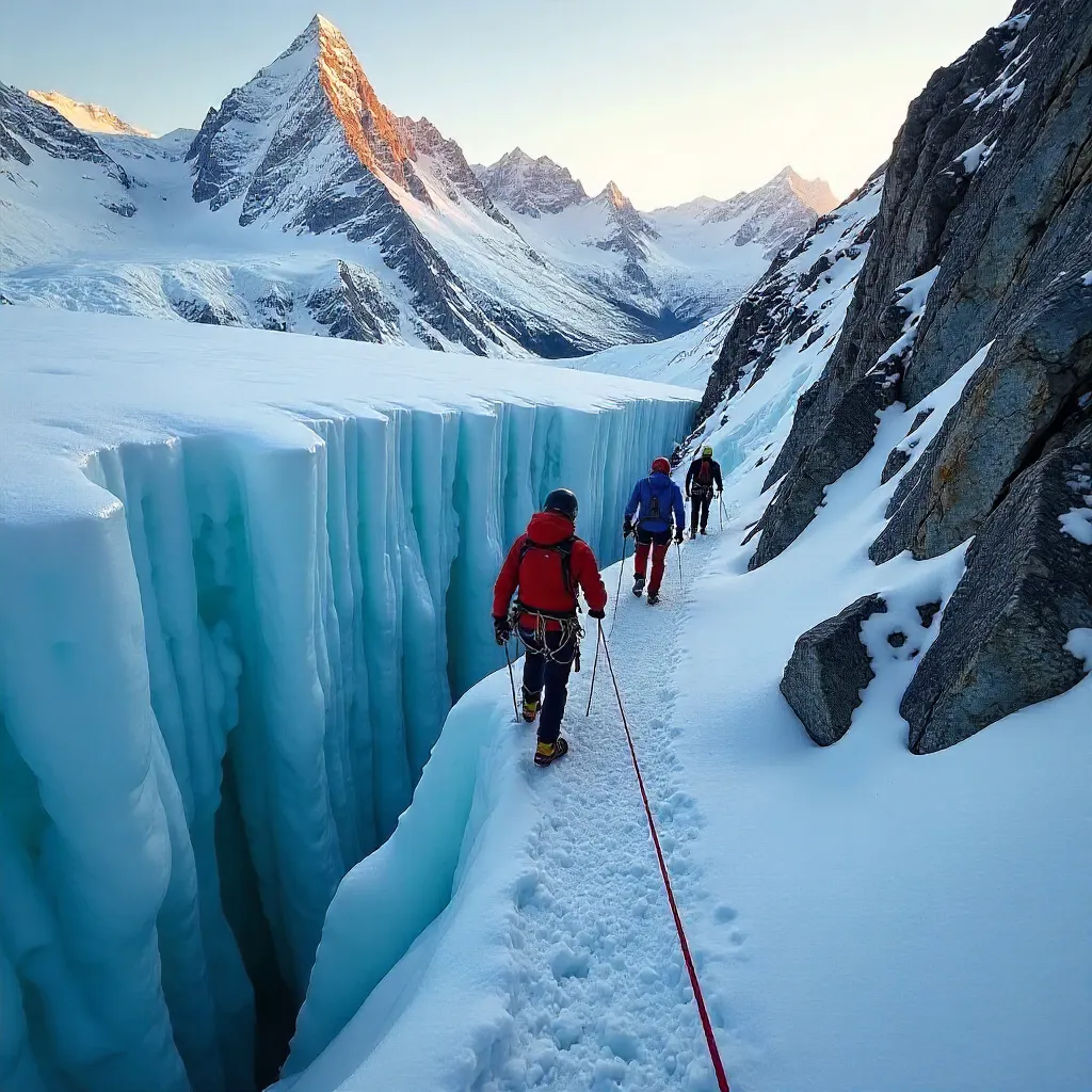 Three Climbers Navigating Icy Crevasses of Mont Blanc
