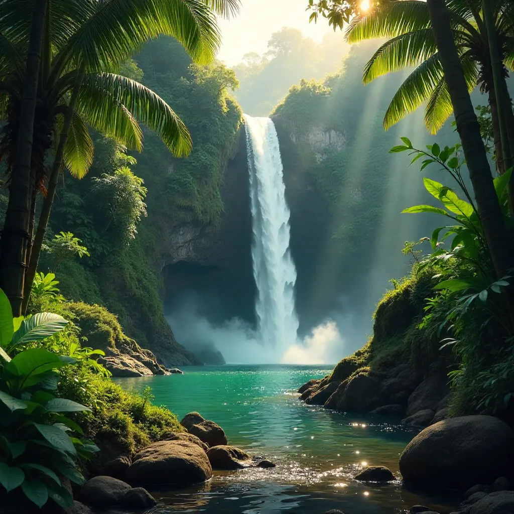 Bali Waterfall Through Dense Tropical Greenery