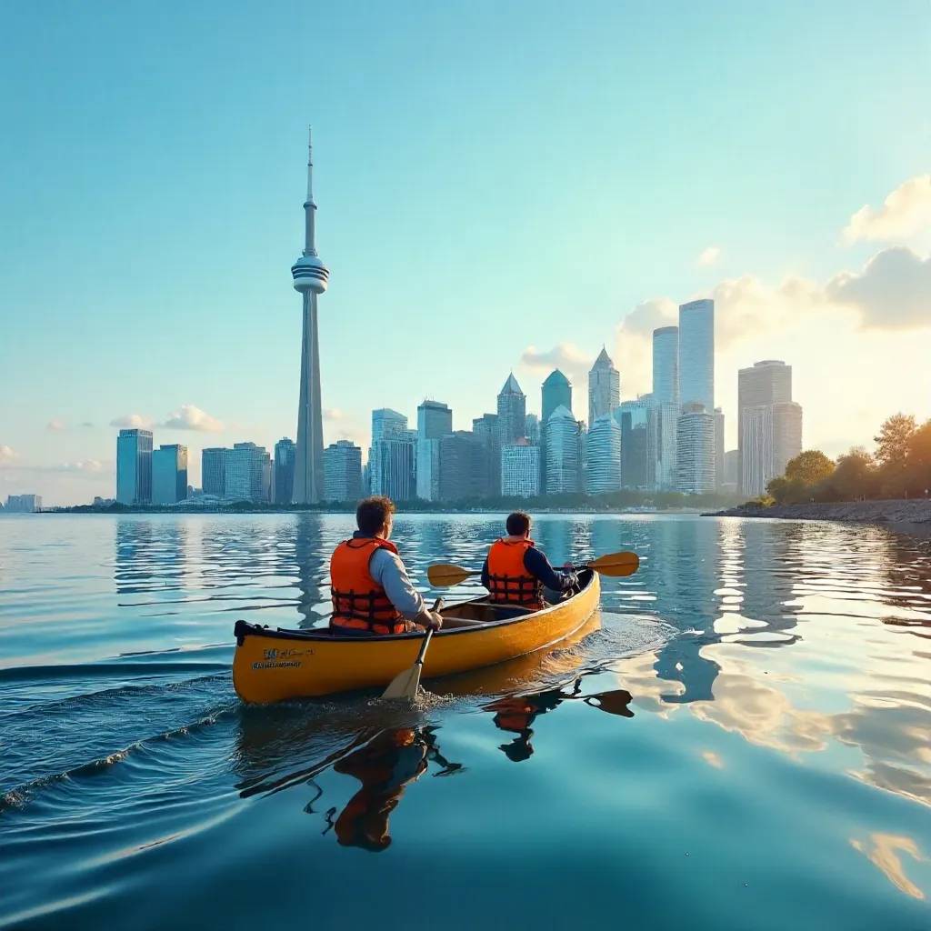 Canoeists on Lake Ontario: Toronto Skyline View