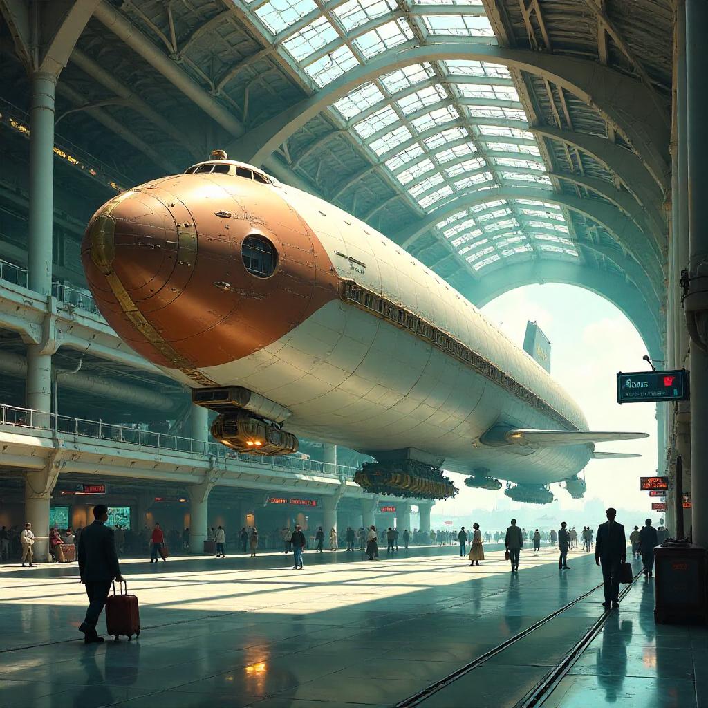 Airship Concept Art at a Futuristic Airport