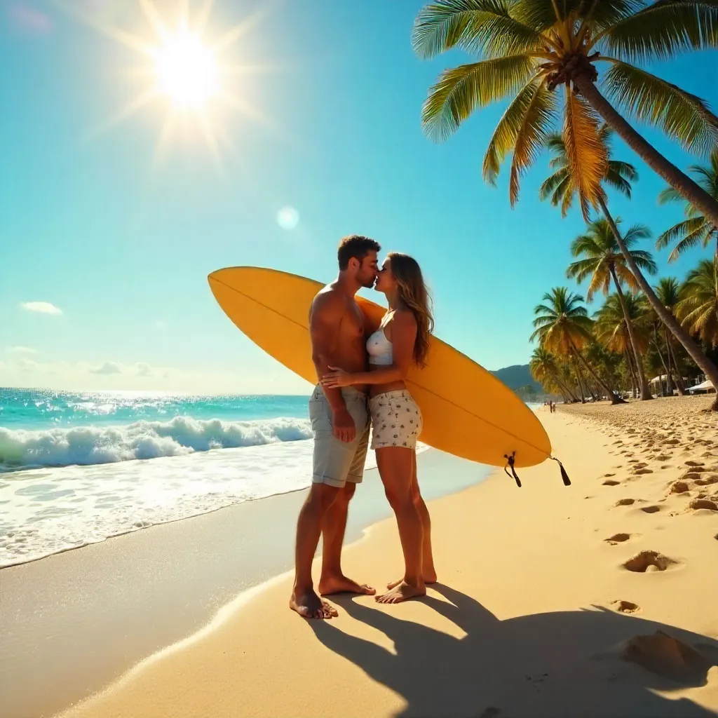 Sunlit Beach Kiss with Surfboard Overhead