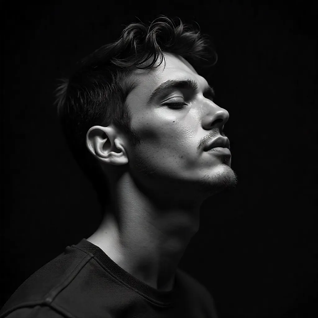 Emotive Black-and-White Portrait: Closed-Eyes Youth