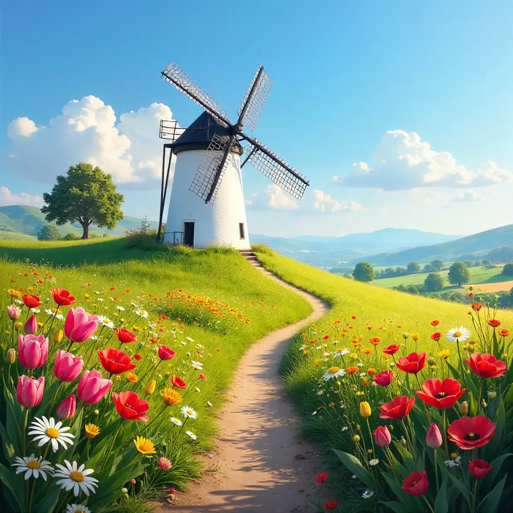 White Windmill Amid Vibrant Spring Blooms