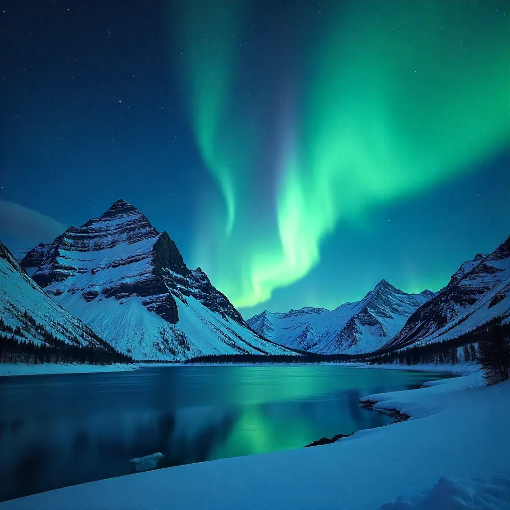 Aurora Over Snow-Capped Peaks at Night