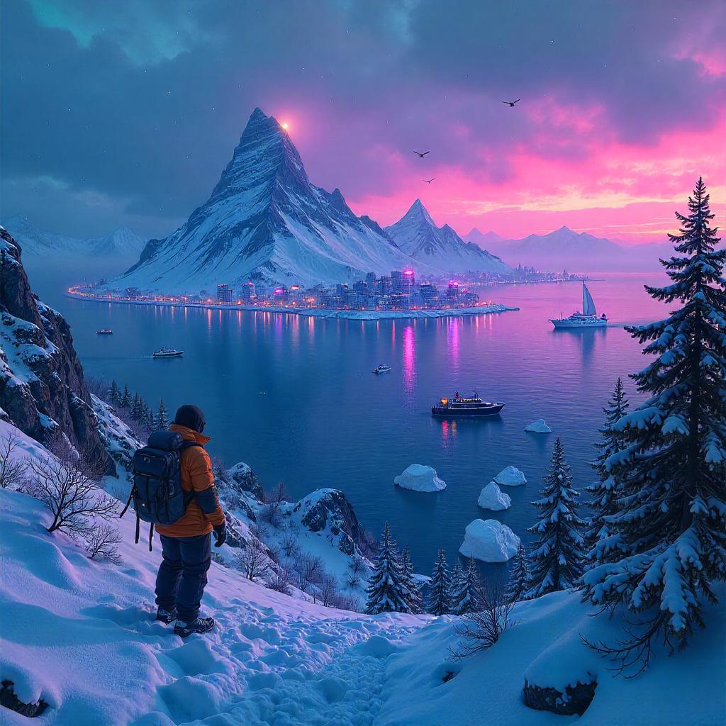 Snowbound Summit Over Neon Archipelago