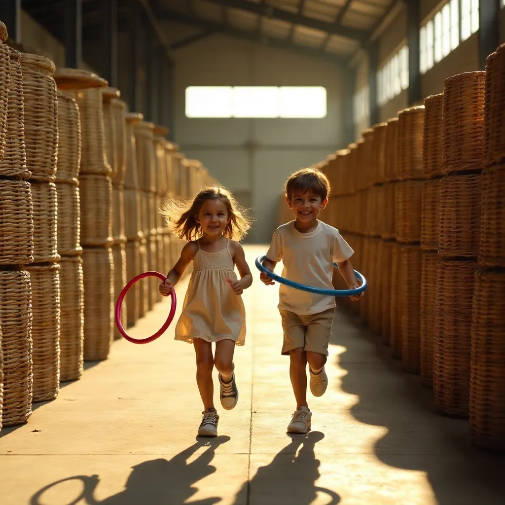 Symmetrical Basket Rows: Children Run with Hoops