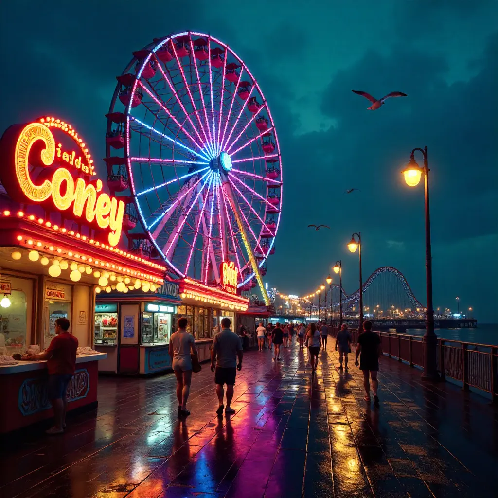 Vibrant Coney Island Ferris Wheel at Dusk