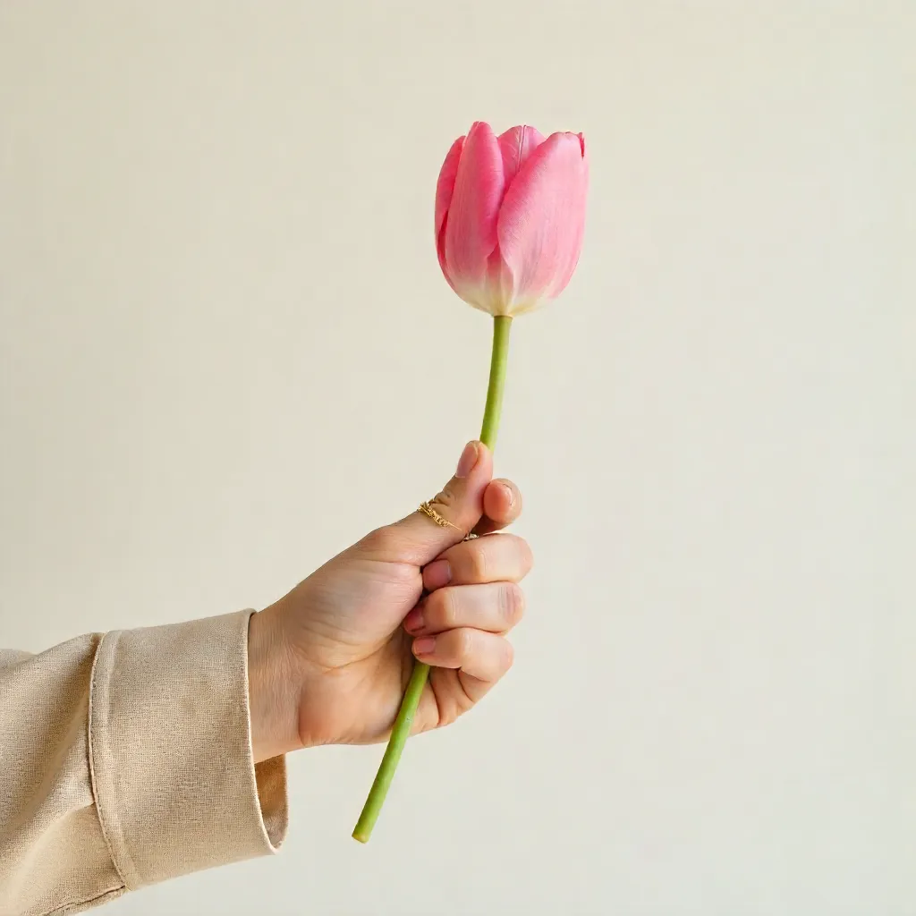 Minimalist Close-up: Hand with Pink Tulip in Beige Shirt
