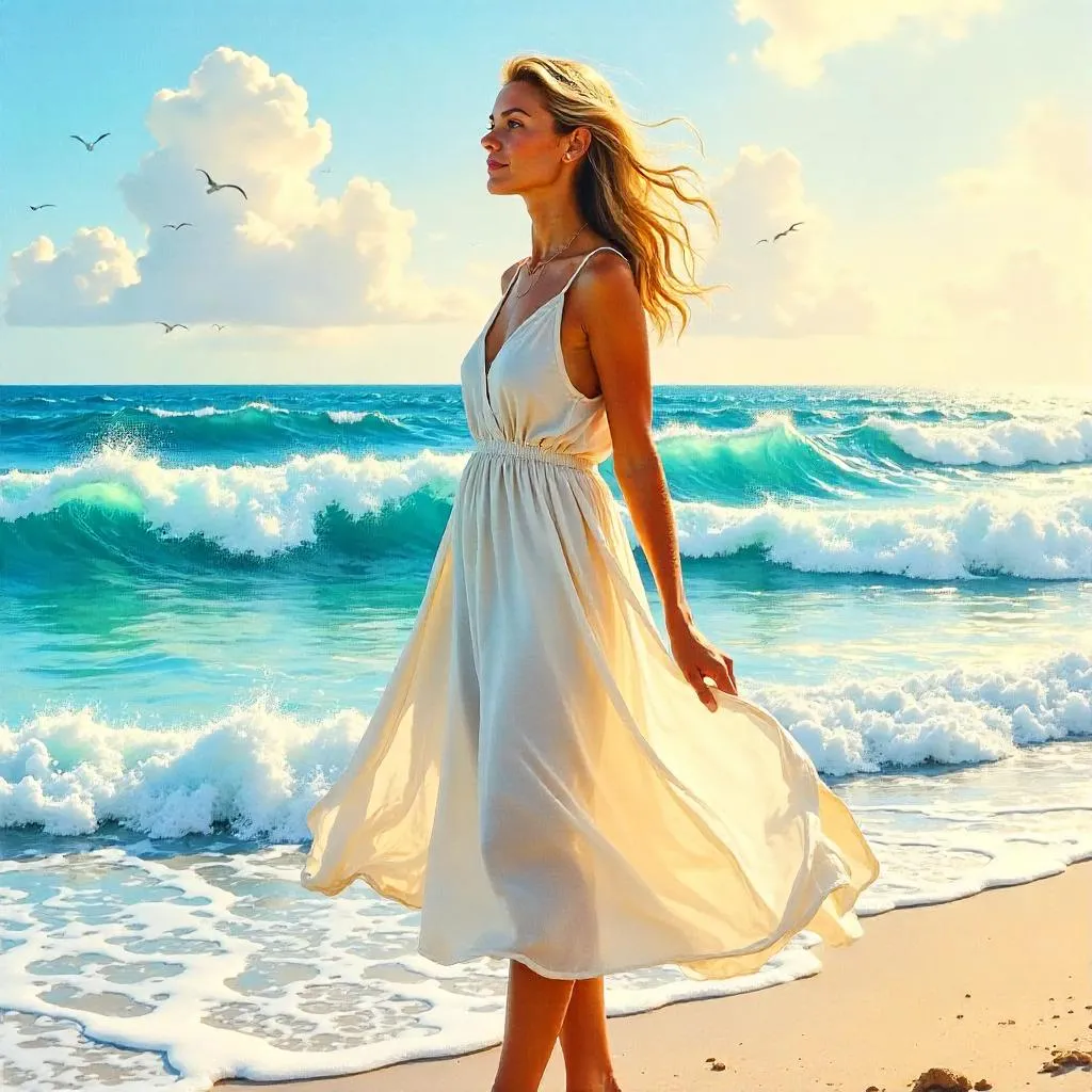 Confident White Woman by the Ocean in Watercolor