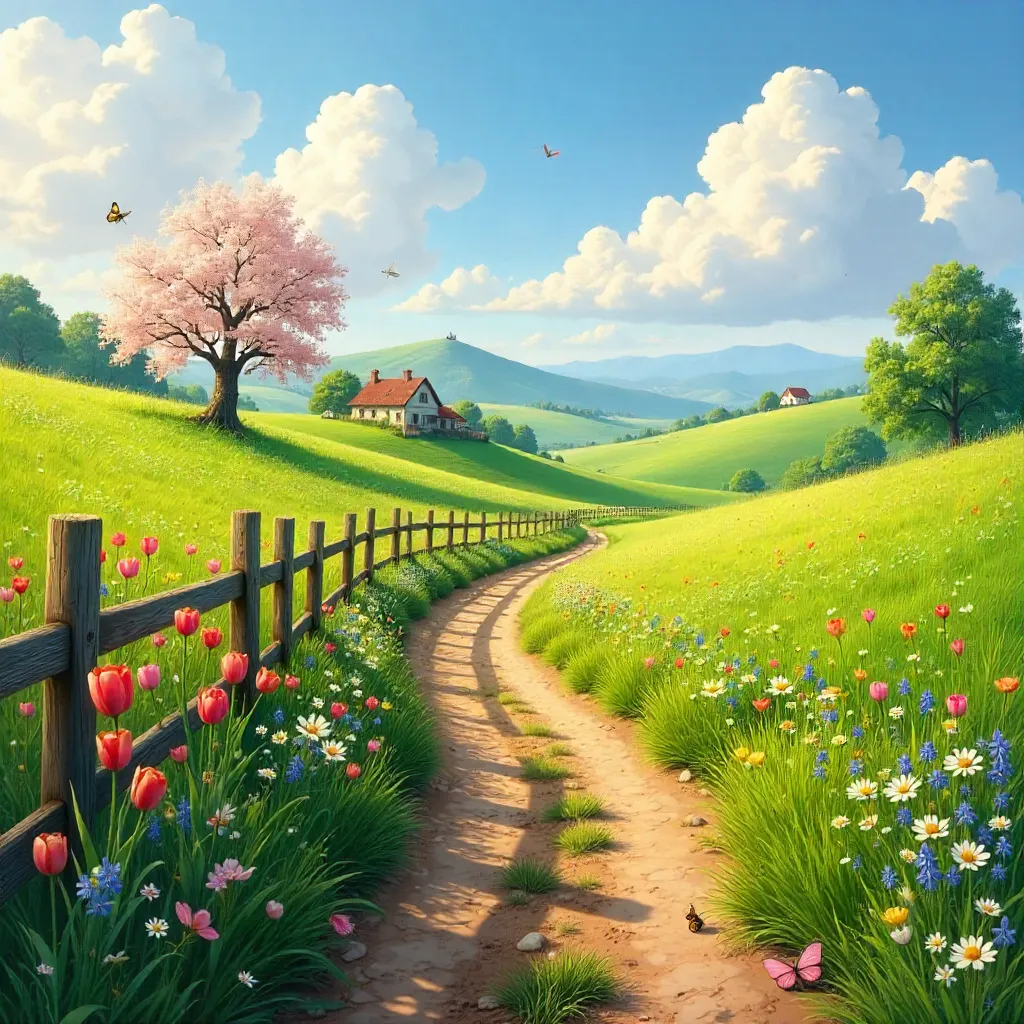 Idyll of a Spring Country Path among Blooming Hills