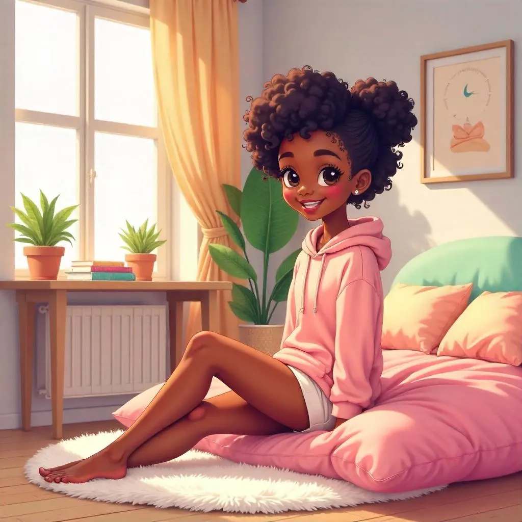 Cheerful Black Woman in a Cozy Anime Bedroom