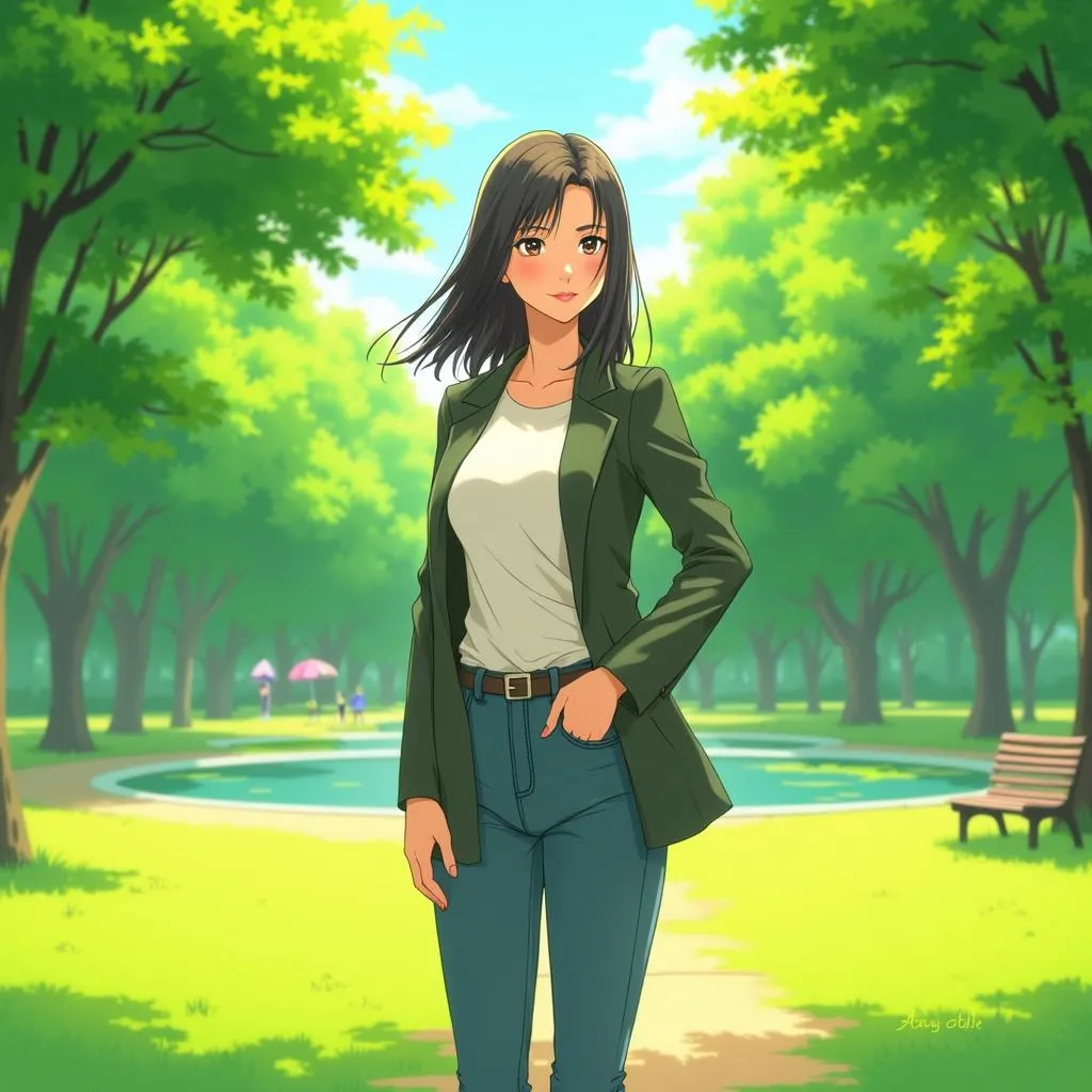 Confident Asian Woman in a Park – Anime Style