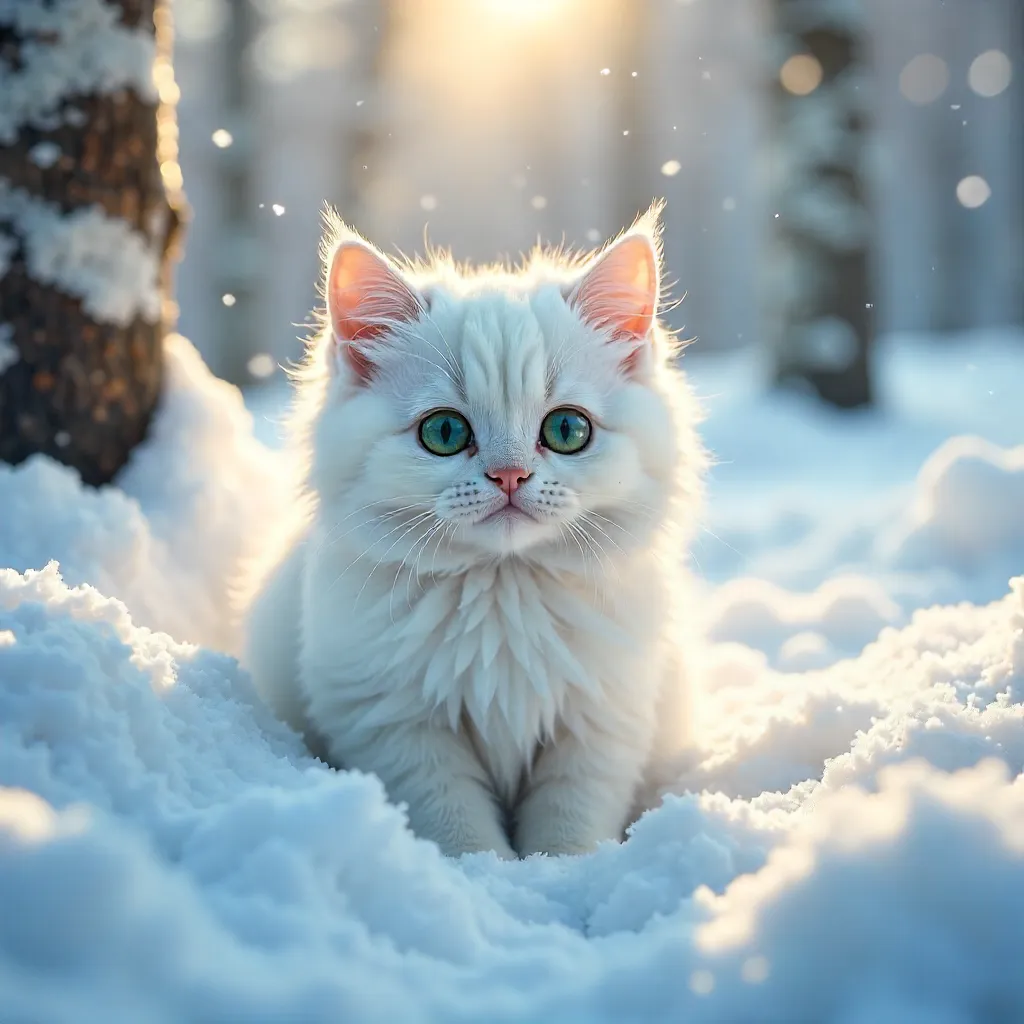 Green-Eyed Fluffy Cat Peeking Through Snow
