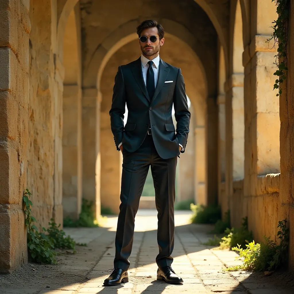 Bold Suit in Sunlit Ruins: Dramatic Fashion Pose
