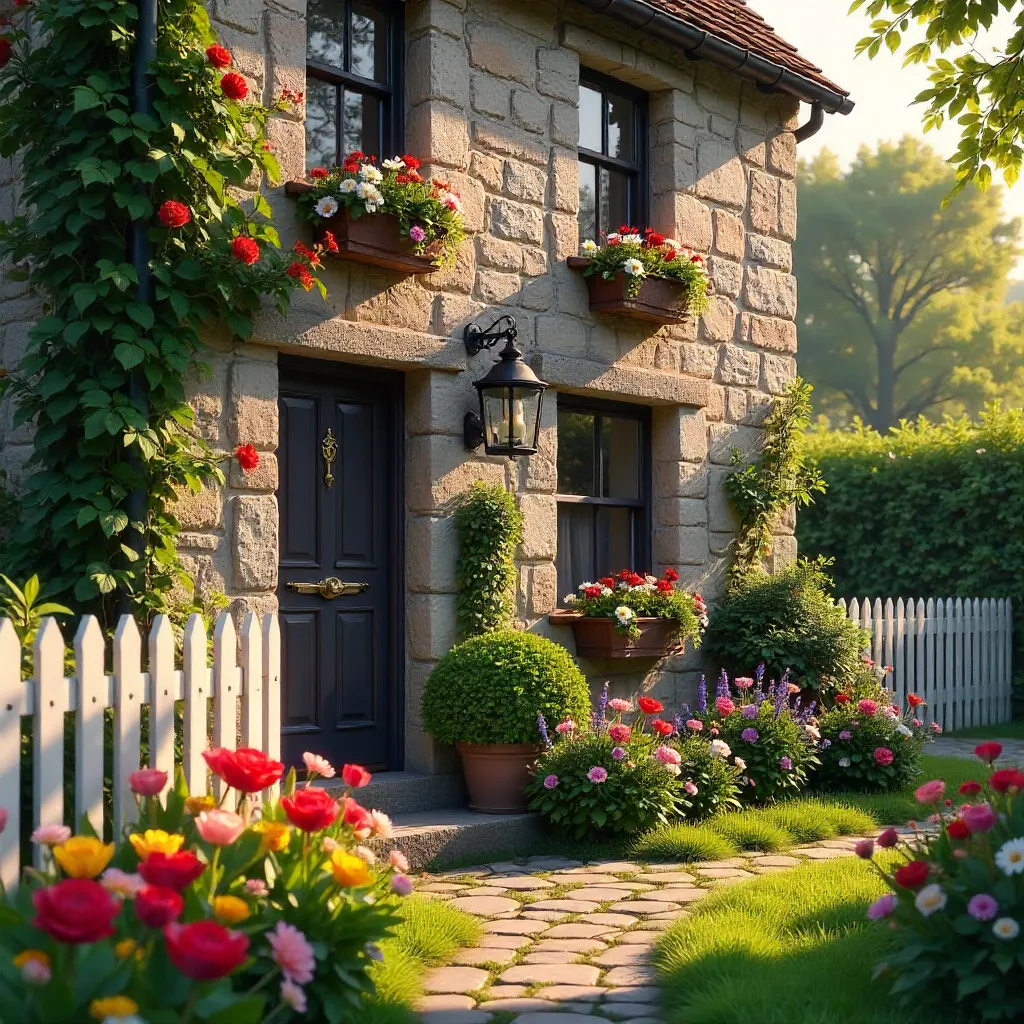 Charming Stone House with Flowering Garden and White Picket Fence