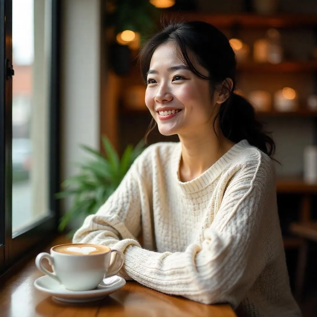 Cozy Coffee Shop Portrait of an Asian Woman