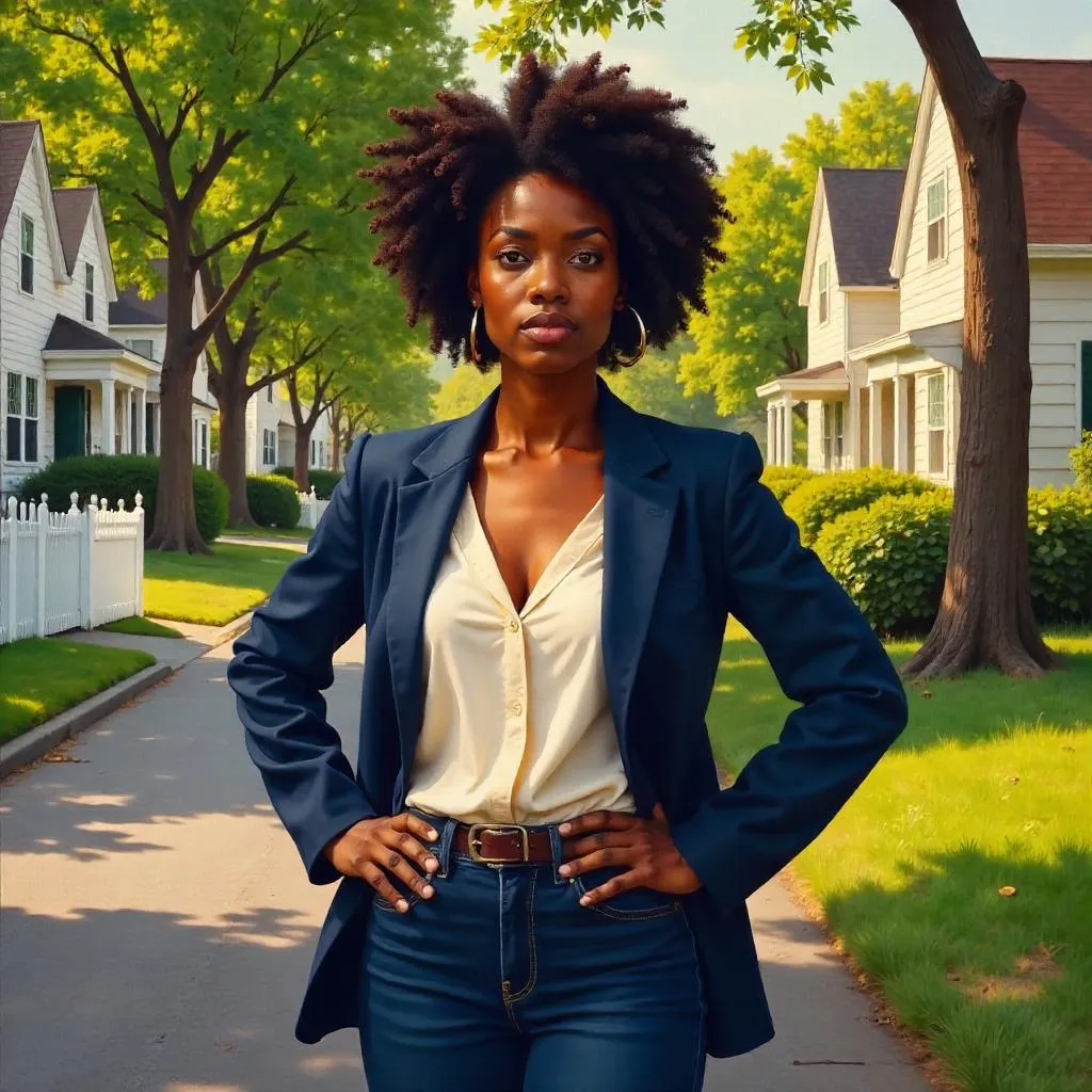Oil Portrait of a Confident Black Woman in Suburban Street