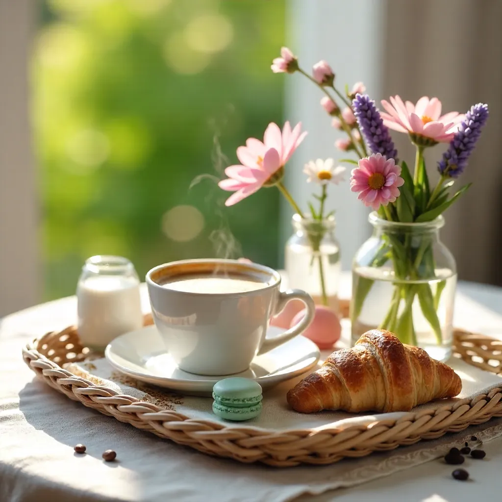 Morning Coffee with Flowers on a Wicker Tray