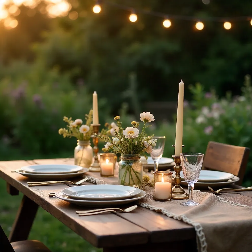Rustic Outdoor Table Under String Lights