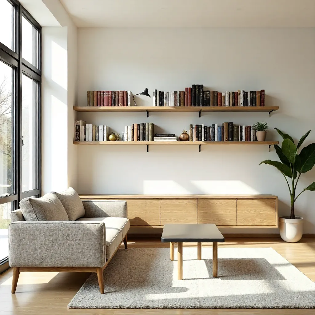 Minimalist Interior with Wall Shelves and Wood Furniture