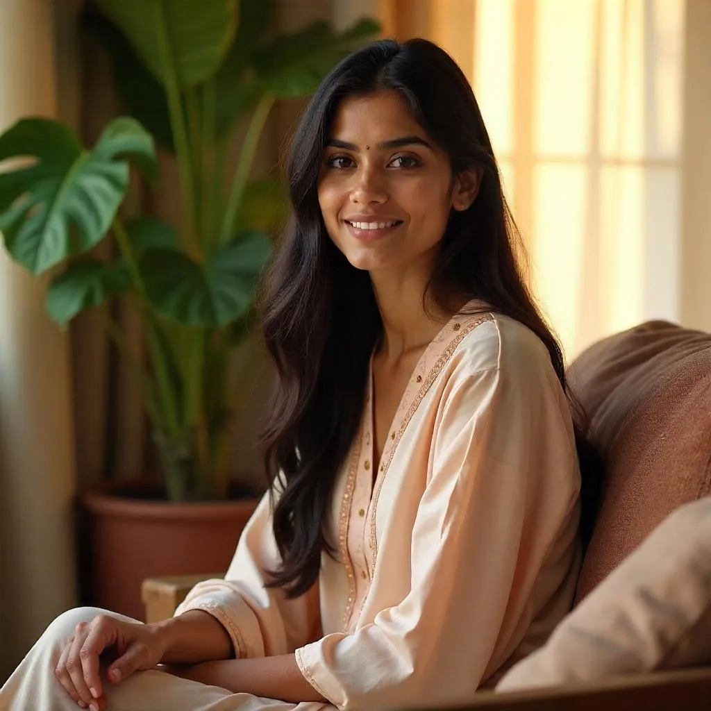 Photorealistic Indian Woman at Home in Warm Light