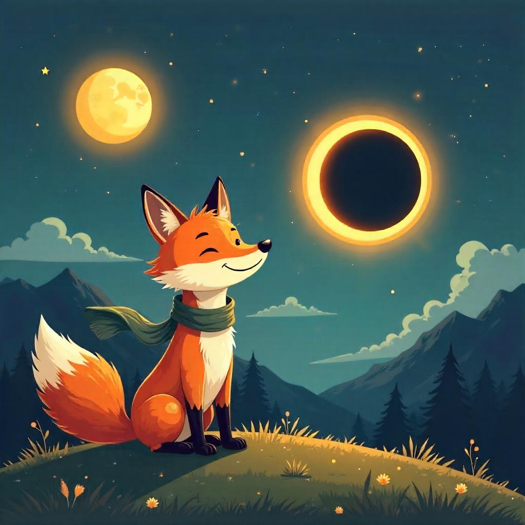 Cartoon Fox Beneath a Solar Eclipse
