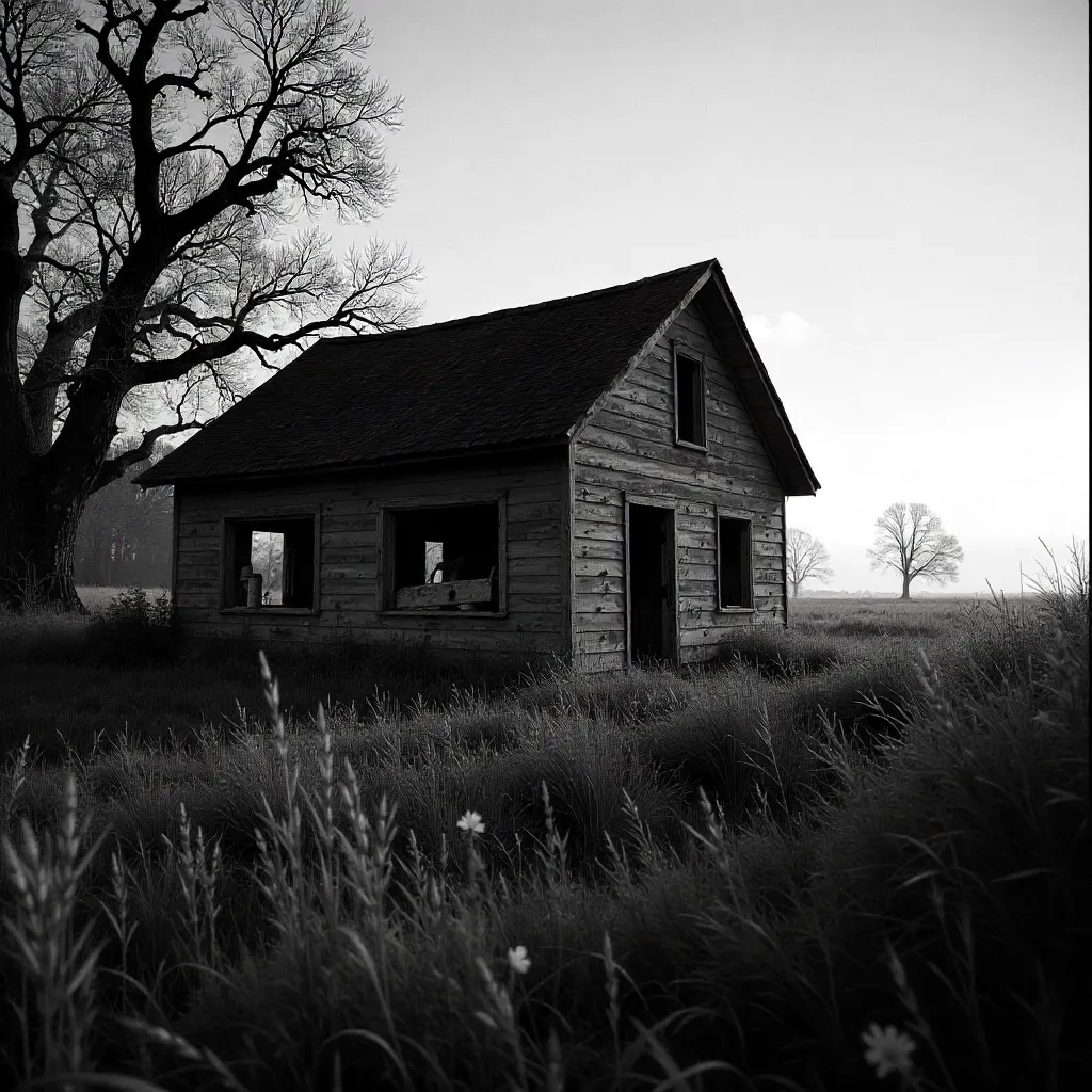 Monochrome Abandoned Cottage in Wild Grass