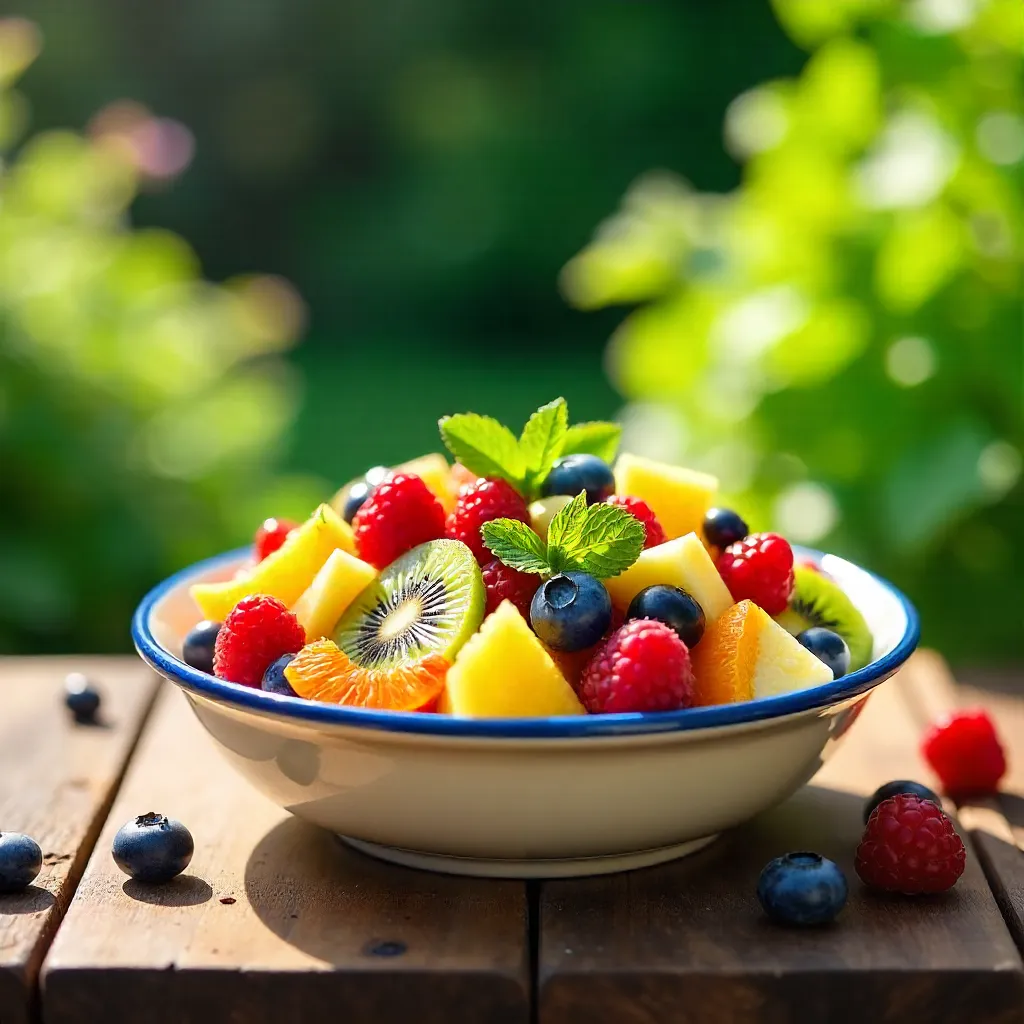 Vibrant Garden Fruit Salad in Ceramic Dish