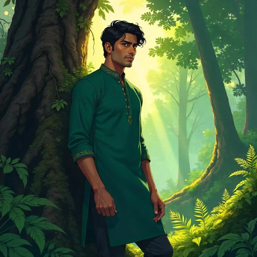 Anime Forest Prince: Handsome Indian Man in the Woods