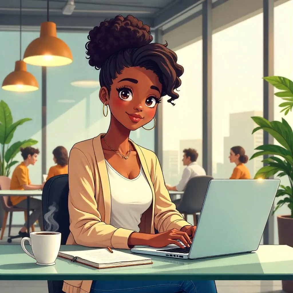 Anime-Style Young Black Woman in a Coworking Space