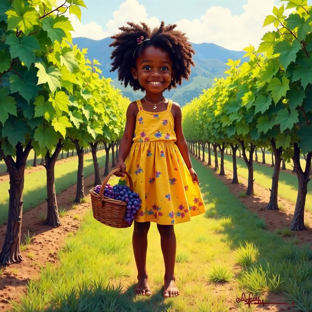 Cheerful Black Girl in a Sunlit Vineyard