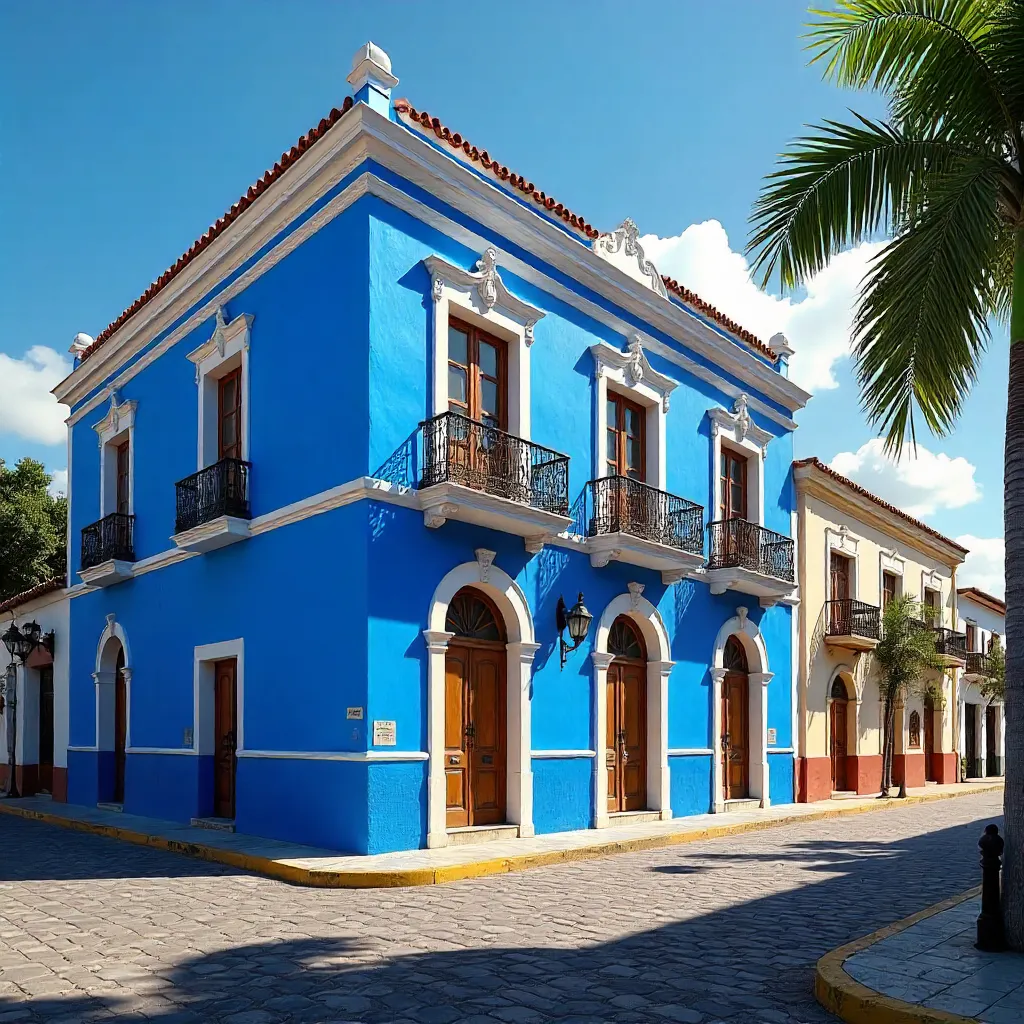Vibrant Blue Colonial Facade in Campeche