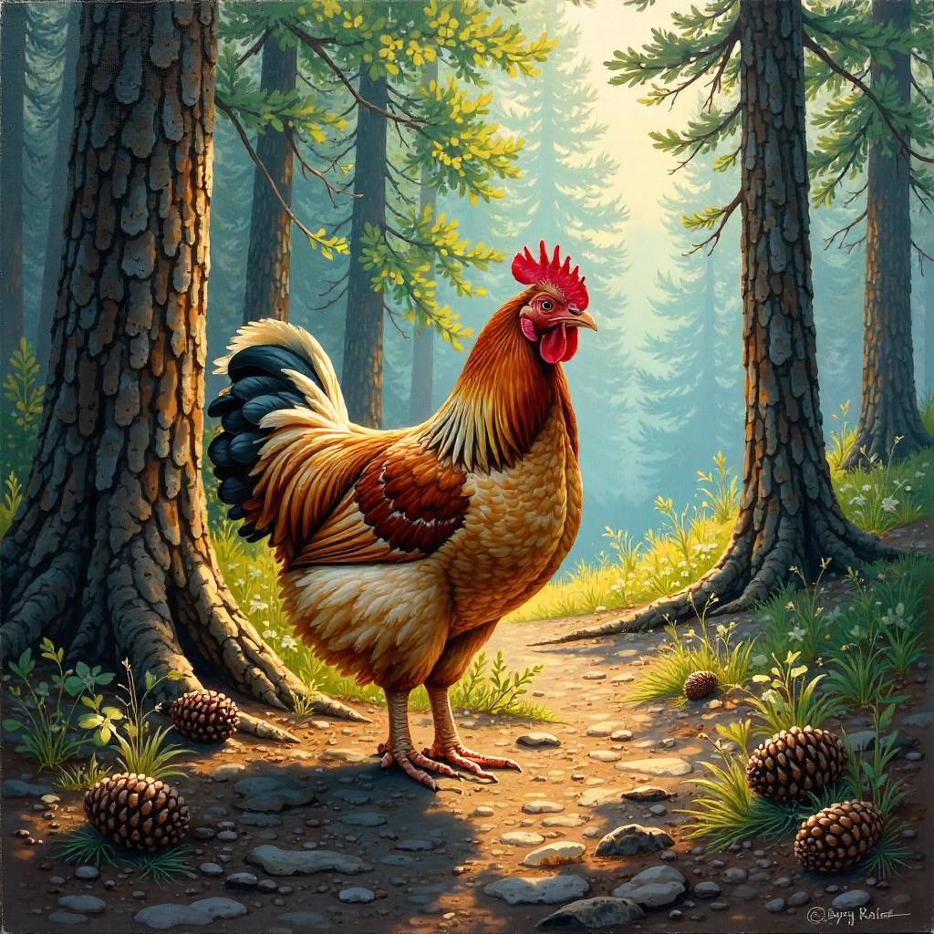 Chicken Among Pines: An Oil Painting in the Forest