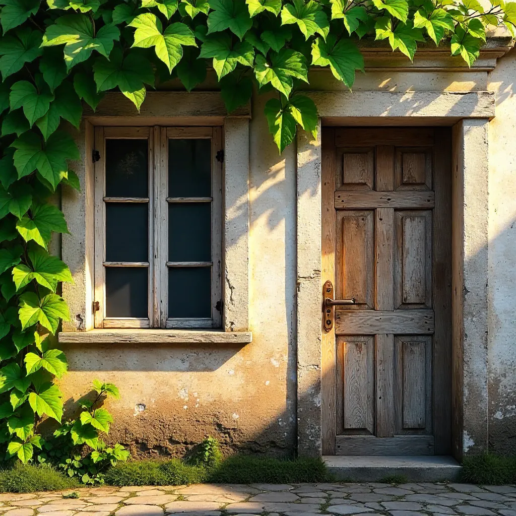 Ivy-Clad Wall with Vintage Wooden Window and Door