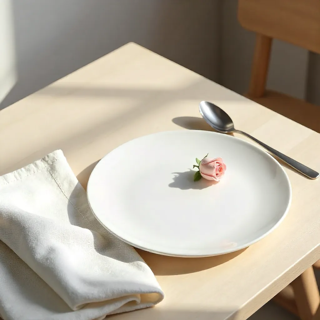 Minimalist Table Setting: Plate, Napkin, and Rosebud