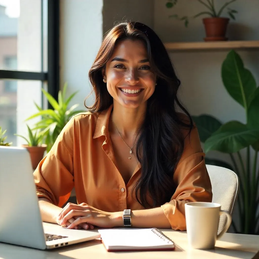 Cheerful Latina Woman in a Sunlit Workspace