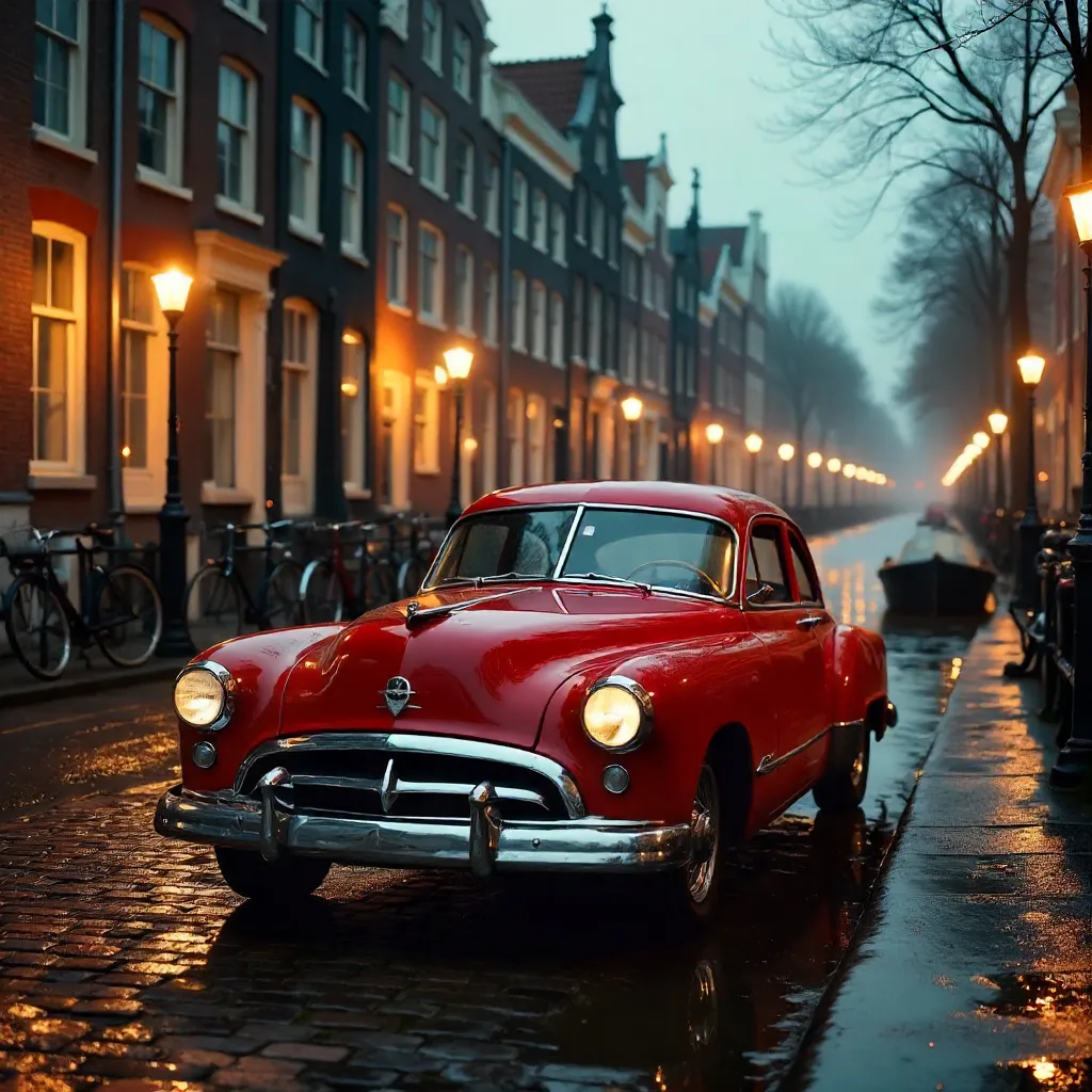 Vintage Red Car Before Amsterdam Canal Houses