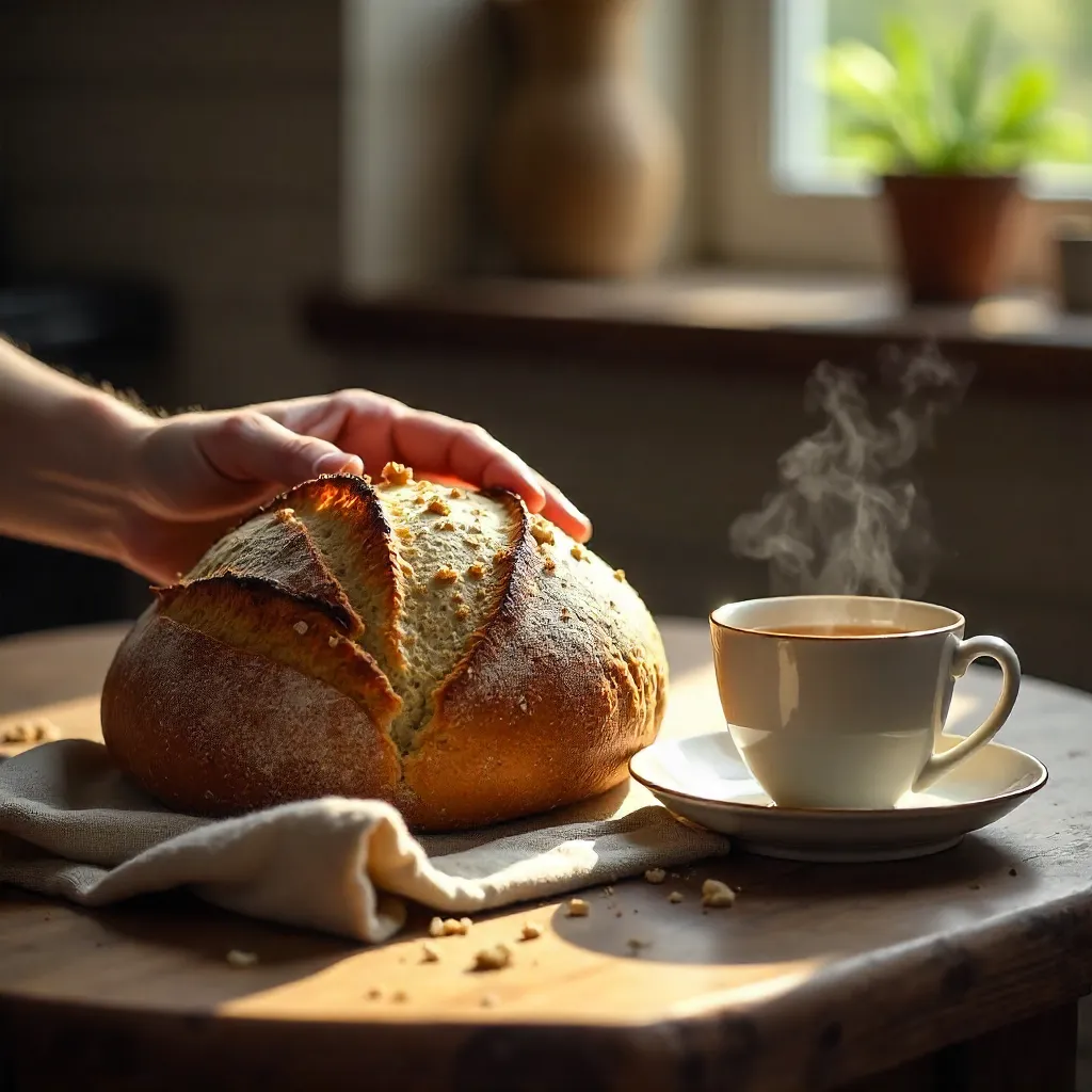 Cozy Hand with Artisanal Bread and Tea Cup