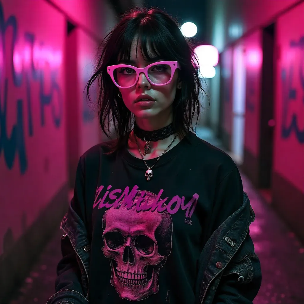 Grunge-Goth Portrait with Pink Glasses and Graphic Tee