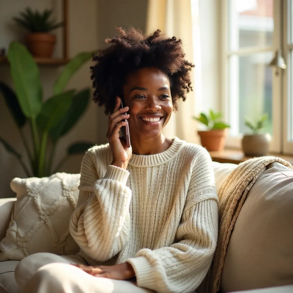 Smiling Afro Woman on a Cozy Indoor Phone Call