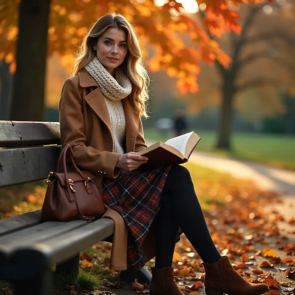 Autumn Fashion: Woman, Book, and Bag in Golden Hour