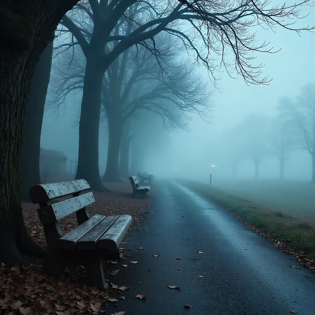 Foggy Winter Park with Empty Benches