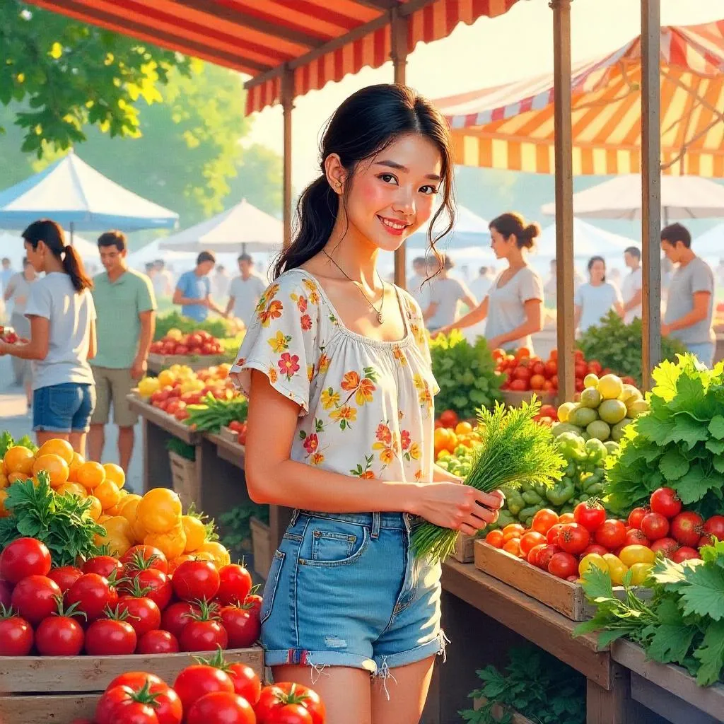Watercolor Portrait at a Lively Farmers Market