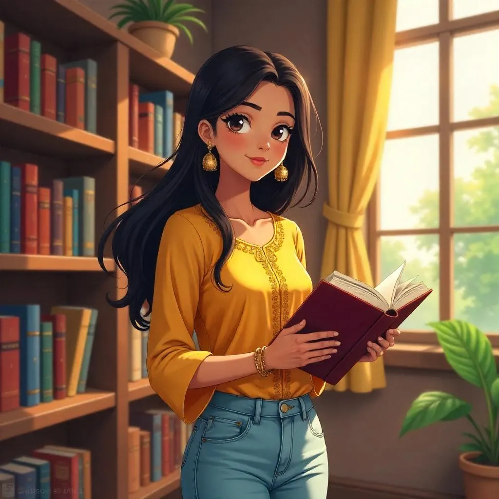 Anime Indian Woman in a Cozy Bookstore