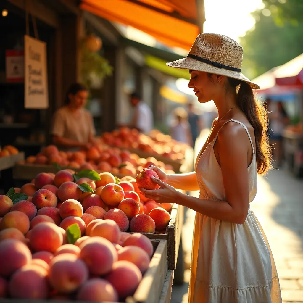 Golden peaches at a sunlit outdoor market
